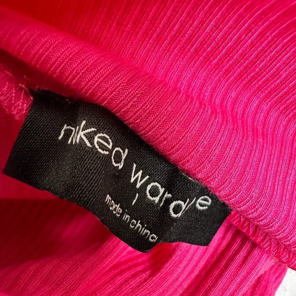 EUC Naked Wardrobe Women’s Hot Pink Ribbed Long Sleeve Half Zip Crop Top - L
